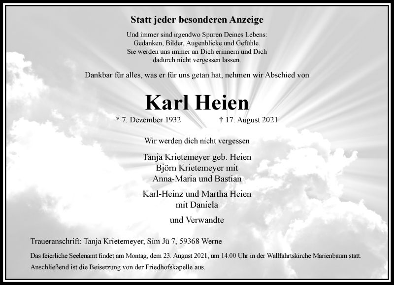  Traueranzeige für Karl Heien vom 20.08.2021 aus Rheinische Post
