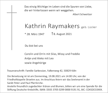 Traueranzeige von Kathrin Raymakers von Rheinische Post