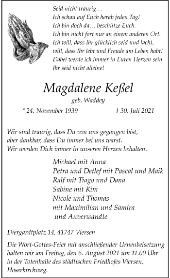 Traueranzeige von Magdalene Keßel von Rheinische Post