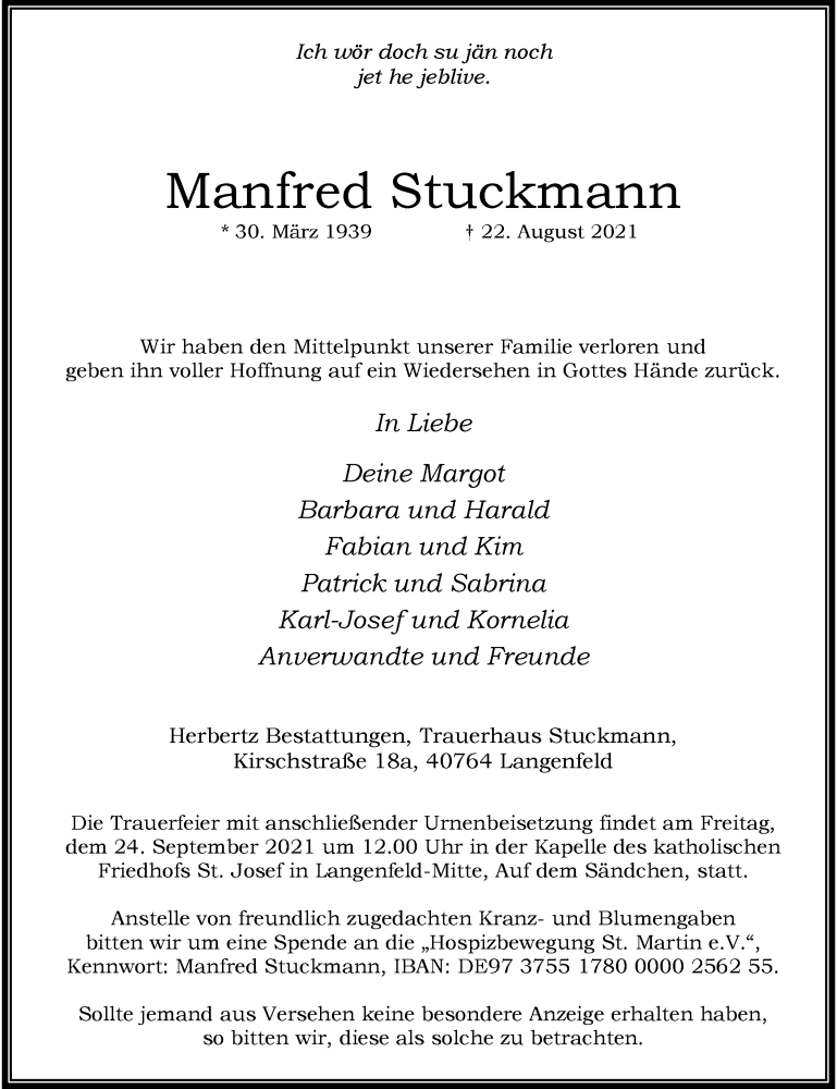  Traueranzeige für Manfred Stuckmann vom 28.08.2021 aus Rheinische Post