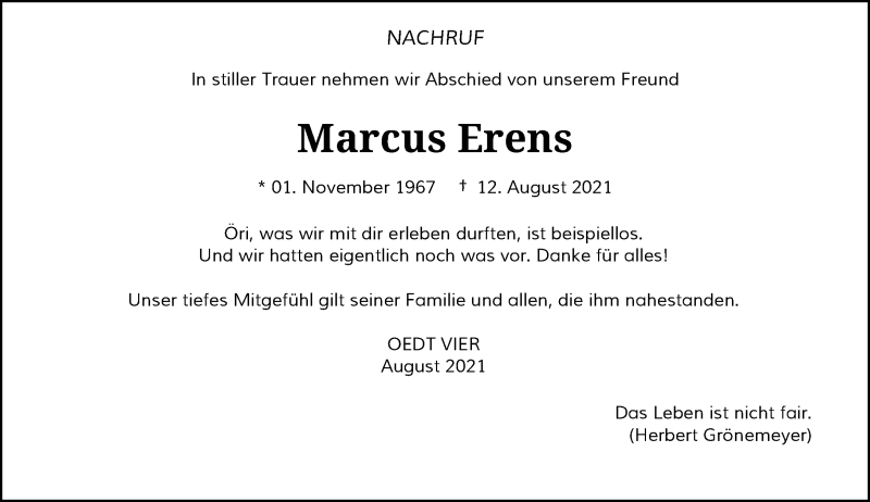  Traueranzeige für Marcus Erens vom 21.08.2021 aus Rheinische Post
