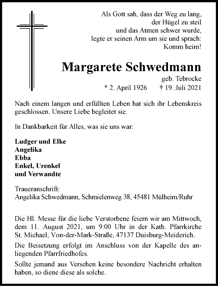 Traueranzeige für Margarete Schwedmann vom 07.08.2021 aus Rheinische Post