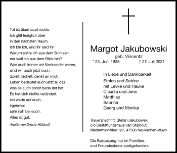Traueranzeige von Margot Jakubowski von Rheinische Post