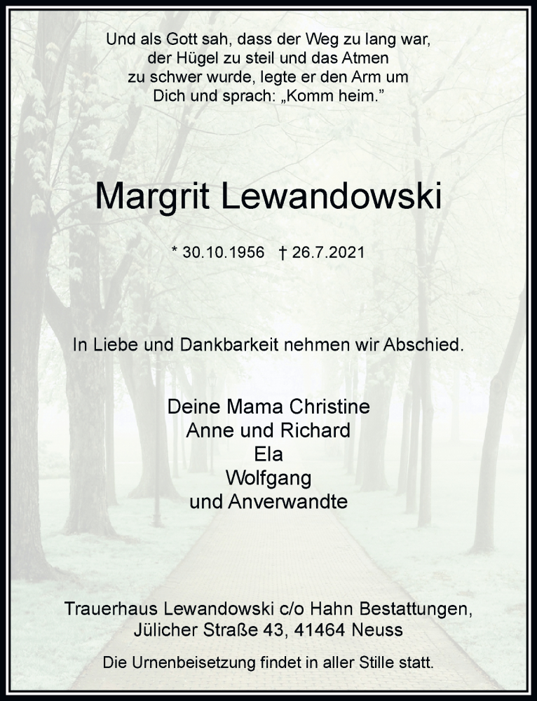  Traueranzeige für Margrit Lewandowski vom 07.08.2021 aus Rheinische Post