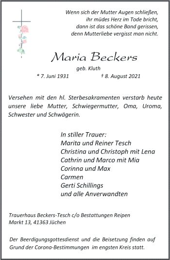 Traueranzeige von Maria Beckers von Rheinische Post