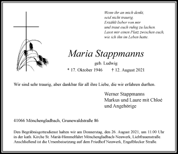 Traueranzeige von Maria Stappmanns von Rheinische Post