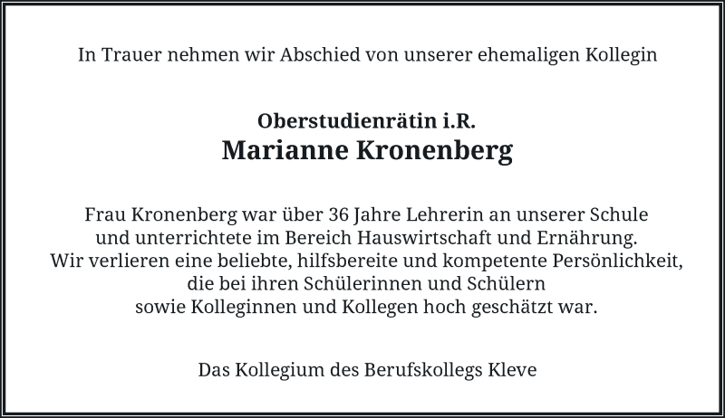  Traueranzeige für Marianne Kronenberg vom 14.08.2021 aus Rheinische Post