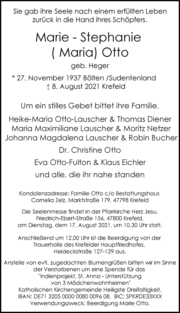  Traueranzeige für Marie-Stephanie Otto vom 14.08.2021 aus Rheinische Post