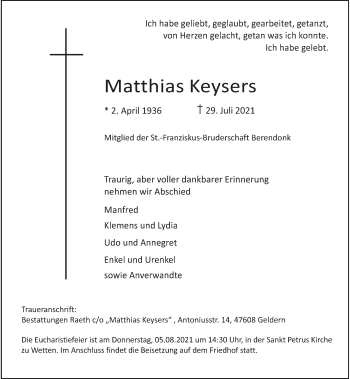 Traueranzeige von Matthias Keysers von Rheinische Post