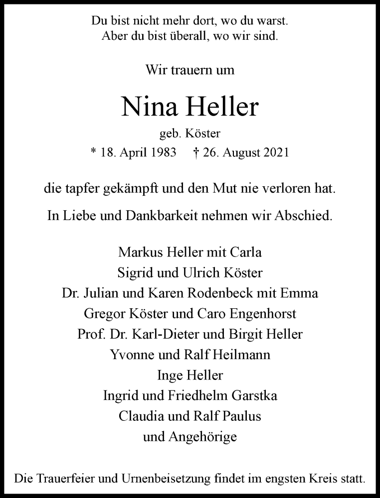  Traueranzeige für Nina Heller vom 28.08.2021 aus Rheinische Post