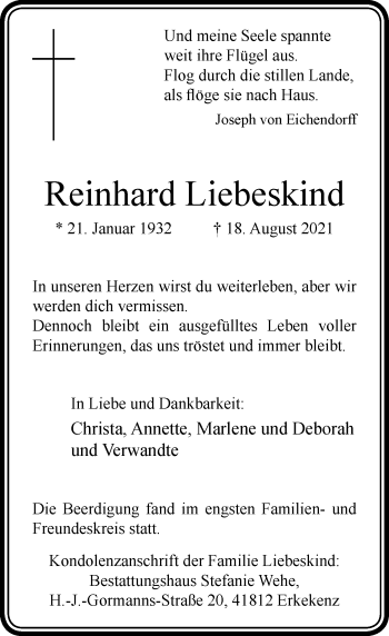 Traueranzeige von Reinhard Liebeskind von Rheinische Post