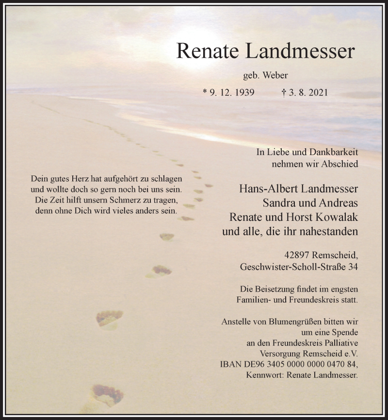  Traueranzeige für Renate Landmesser vom 07.08.2021 aus Rheinische Post