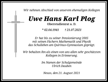 Traueranzeige von Uwe Hans Karl Plog von Rheinische Post