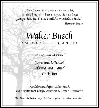 Traueranzeige von Walter Busch von Rheinische Post