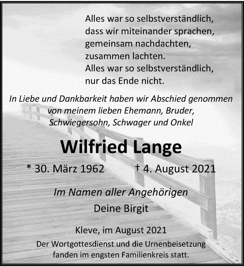  Traueranzeige für Wilfried Lange vom 17.08.2021 aus Rheinische Post