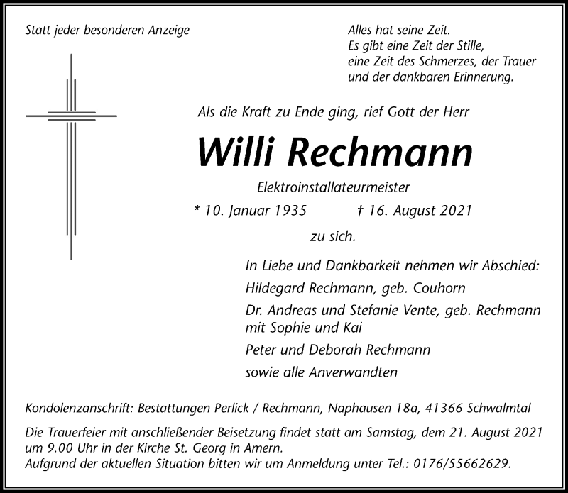  Traueranzeige für Willi Rechmann vom 18.08.2021 aus Rheinische Post