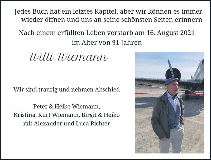  Traueranzeige für Willi Wiemann vom 21.08.2021 aus Rheinische Post