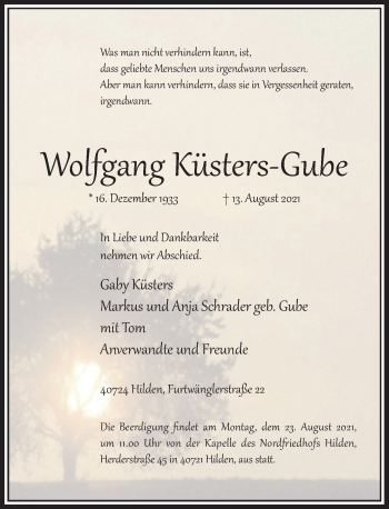 Traueranzeige von Wolfgang Küsters-Gube von Rheinische Post