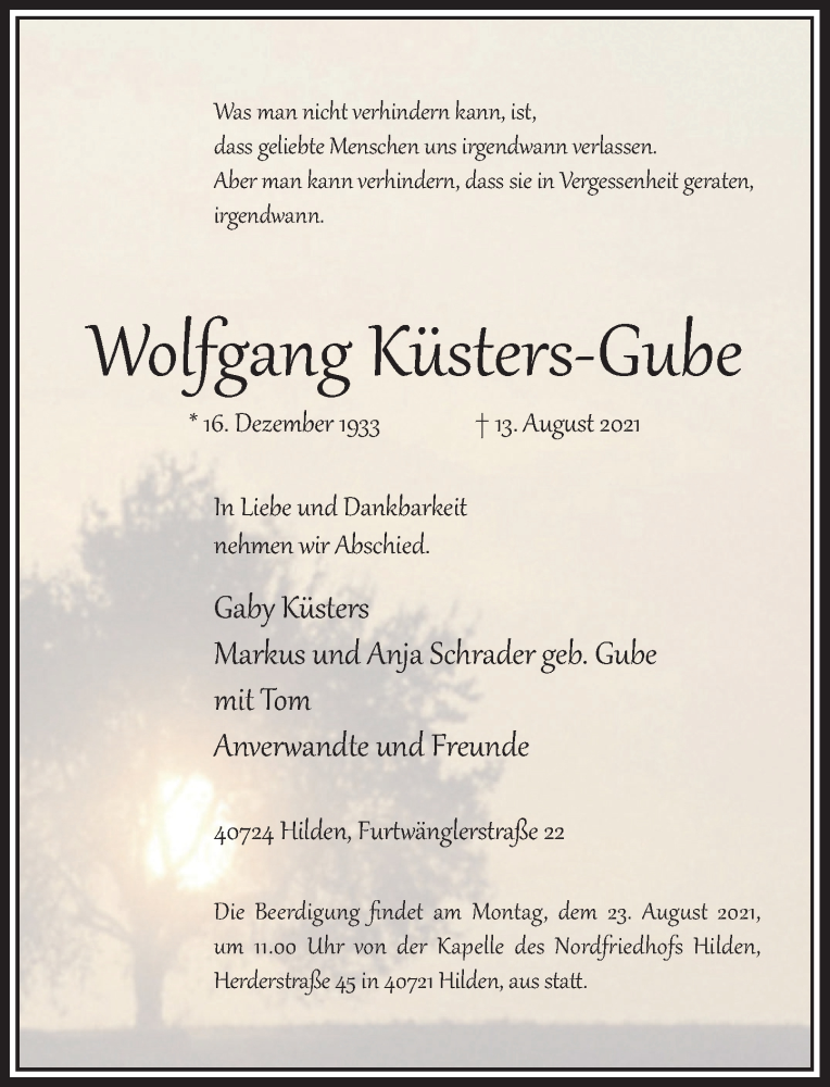  Traueranzeige für Wolfgang Küsters-Gube vom 21.08.2021 aus Rheinische Post