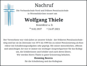 Traueranzeige von Wolfgang Thiele von Rheinische Post