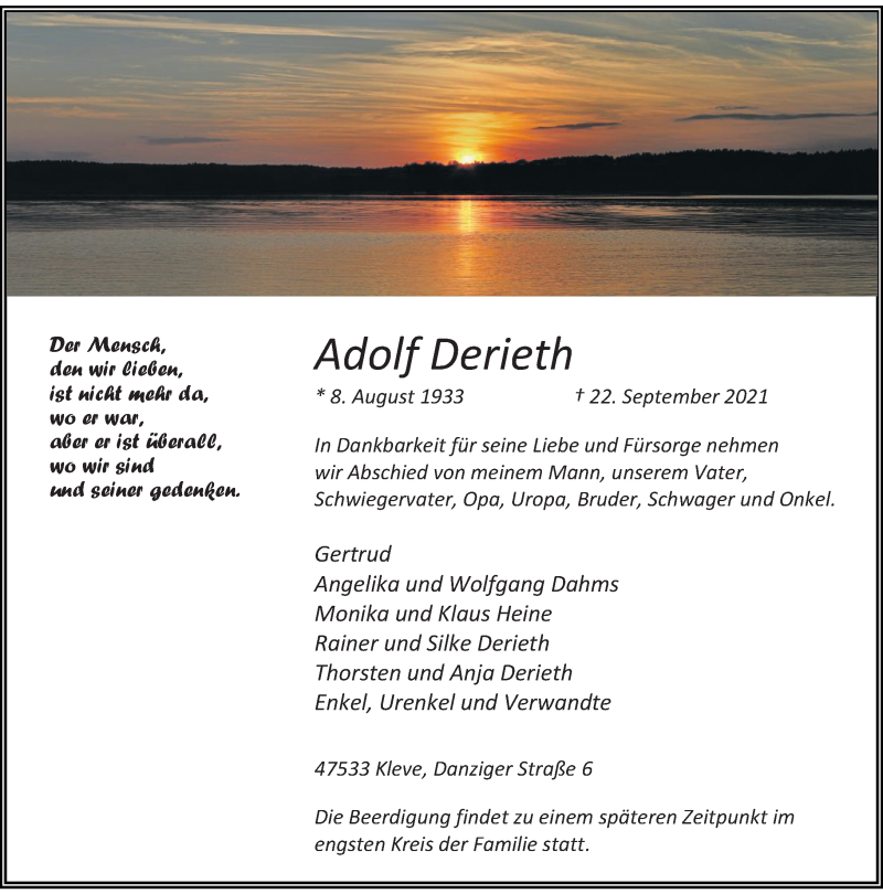  Traueranzeige für Adolf Derieth vom 28.09.2021 aus Rheinische Post