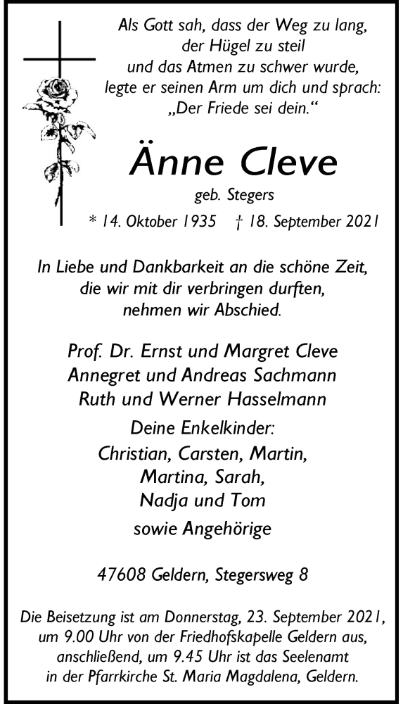  Traueranzeige für Änne Cleve vom 21.09.2021 aus Rheinische Post