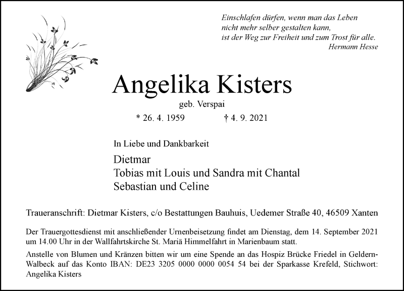 Traueranzeige für Angelika Kisters vom 09.09.2021 aus Rheinische Post
