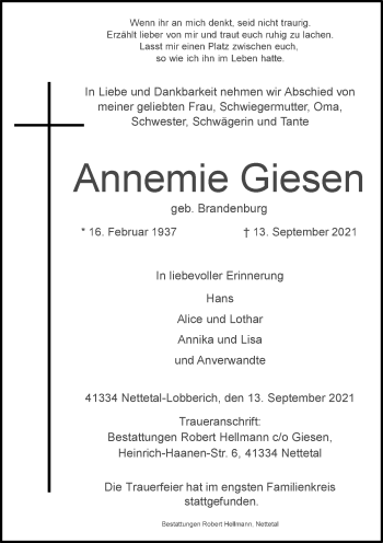 Traueranzeige von Annemie Giesen von Rheinische Post