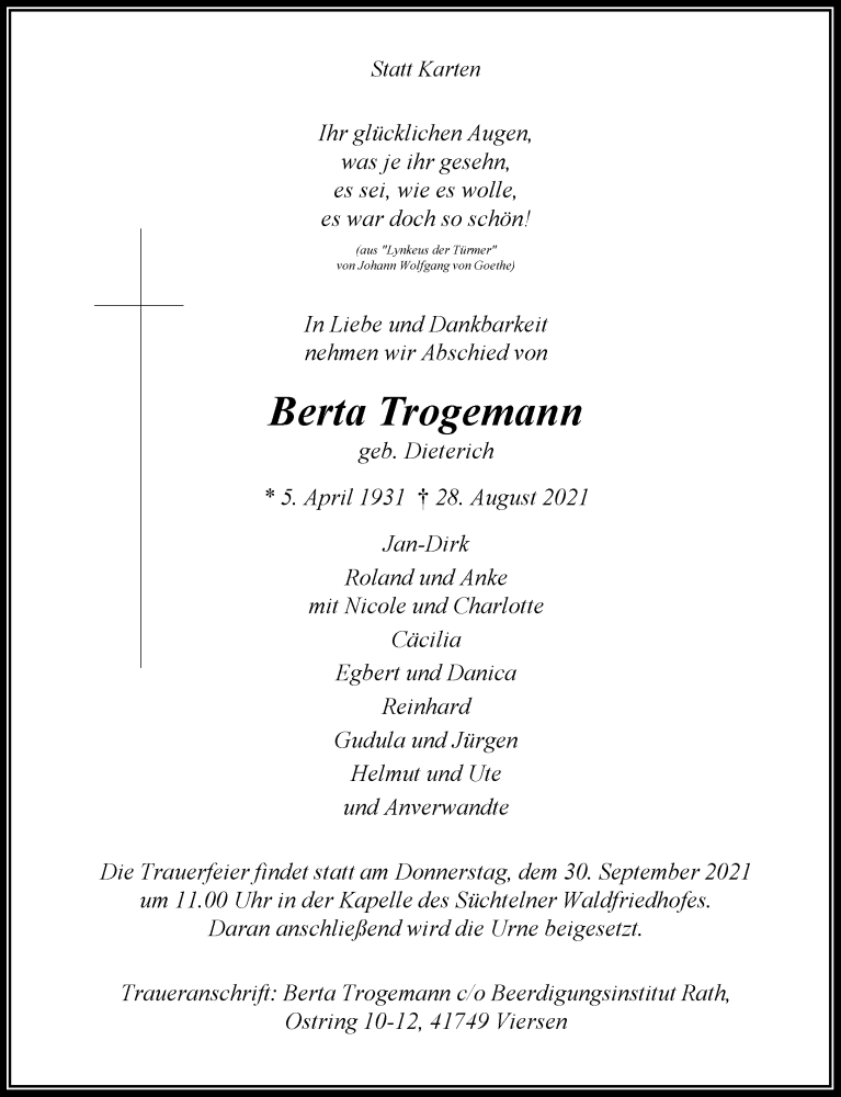  Traueranzeige für Berta Trogemann vom 25.09.2021 aus Rheinische Post
