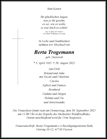 Traueranzeige von Berta Trogemann von Rheinische Post