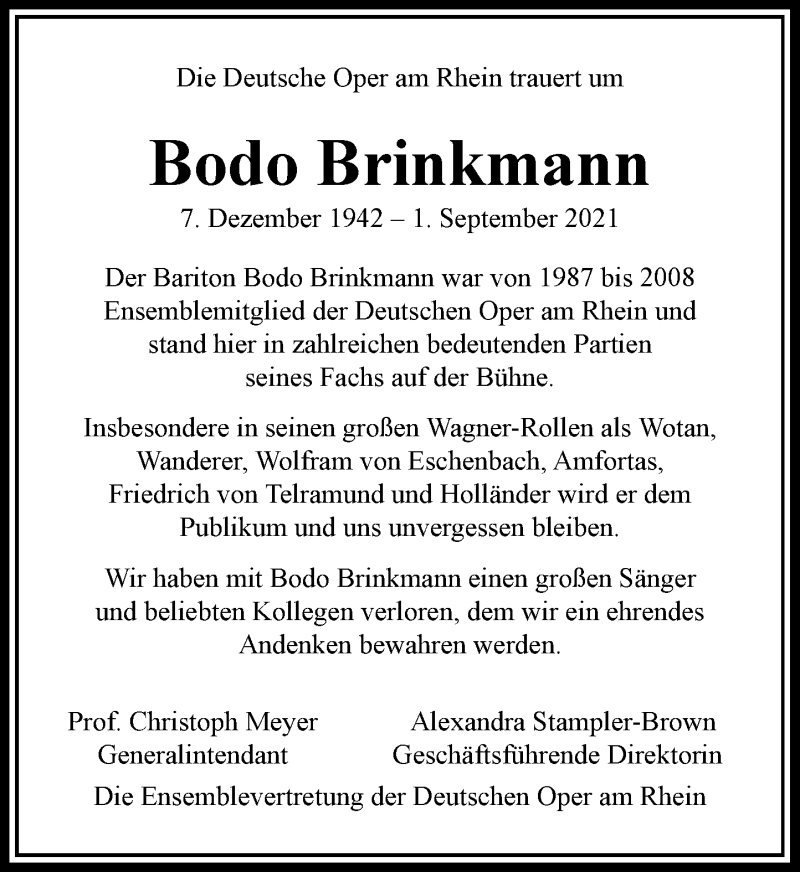  Traueranzeige für Bodo Brinkmann vom 11.09.2021 aus Rheinische Post