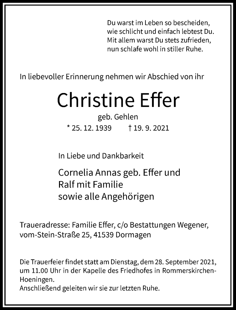  Traueranzeige für Christine Effer vom 23.09.2021 aus Rheinische Post