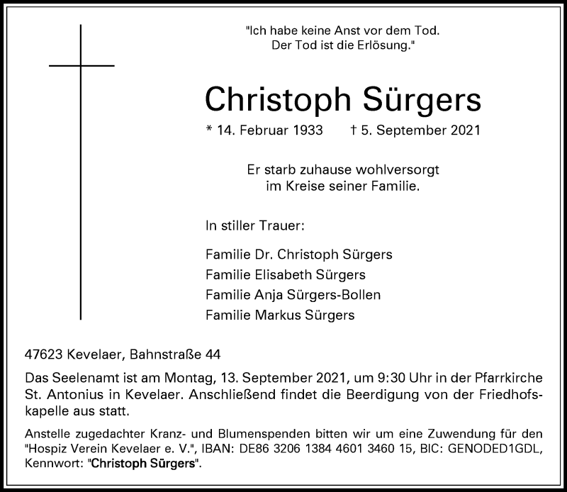  Traueranzeige für Christoph Sürgers vom 08.09.2021 aus Rheinische Post