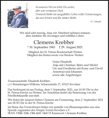 Traueranzeige von Clemens Krebber von Rheinische Post
