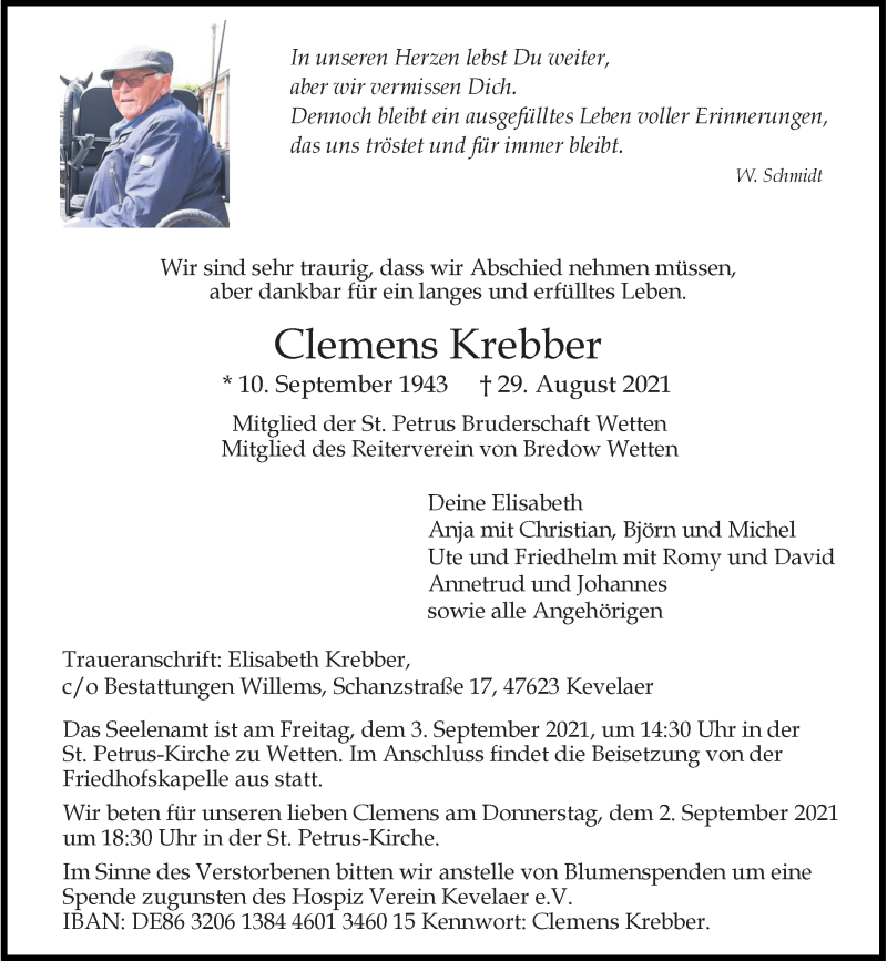  Traueranzeige für Clemens Krebber vom 01.09.2021 aus Rheinische Post