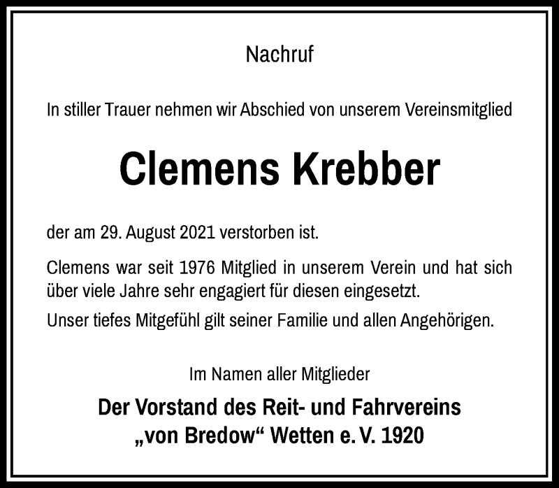  Traueranzeige für Clemens Krebber vom 11.09.2021 aus Rheinische Post