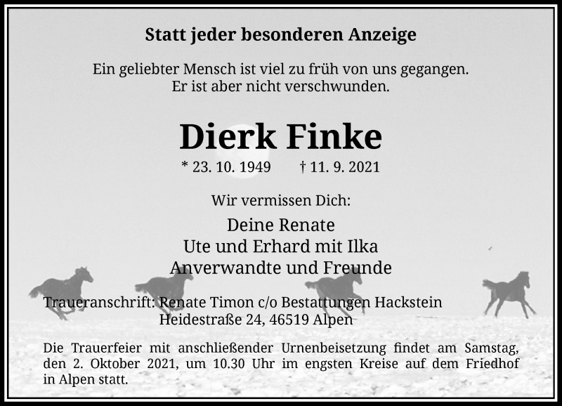  Traueranzeige für Dierk Finke vom 25.09.2021 aus Rheinische Post
