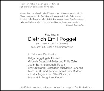 Traueranzeige von Dietrich Emil Poggel von Rheinische Post