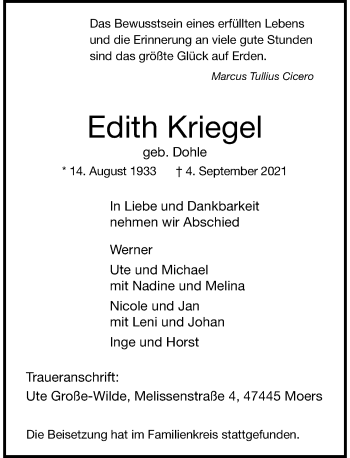 Traueranzeige von Edith Kriegel von Rheinische Post
