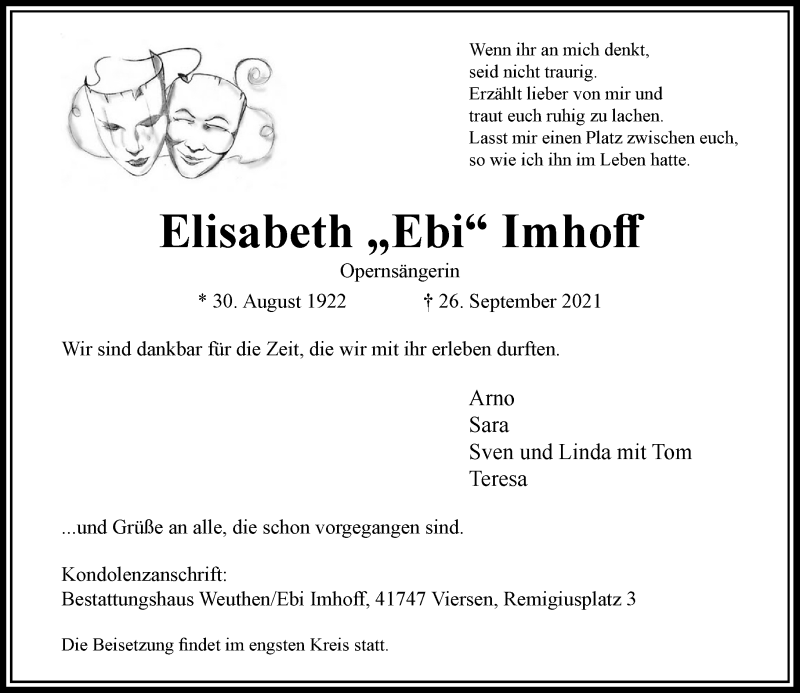  Traueranzeige für Elisabeth Imhoff vom 02.10.2021 aus Rheinische Post