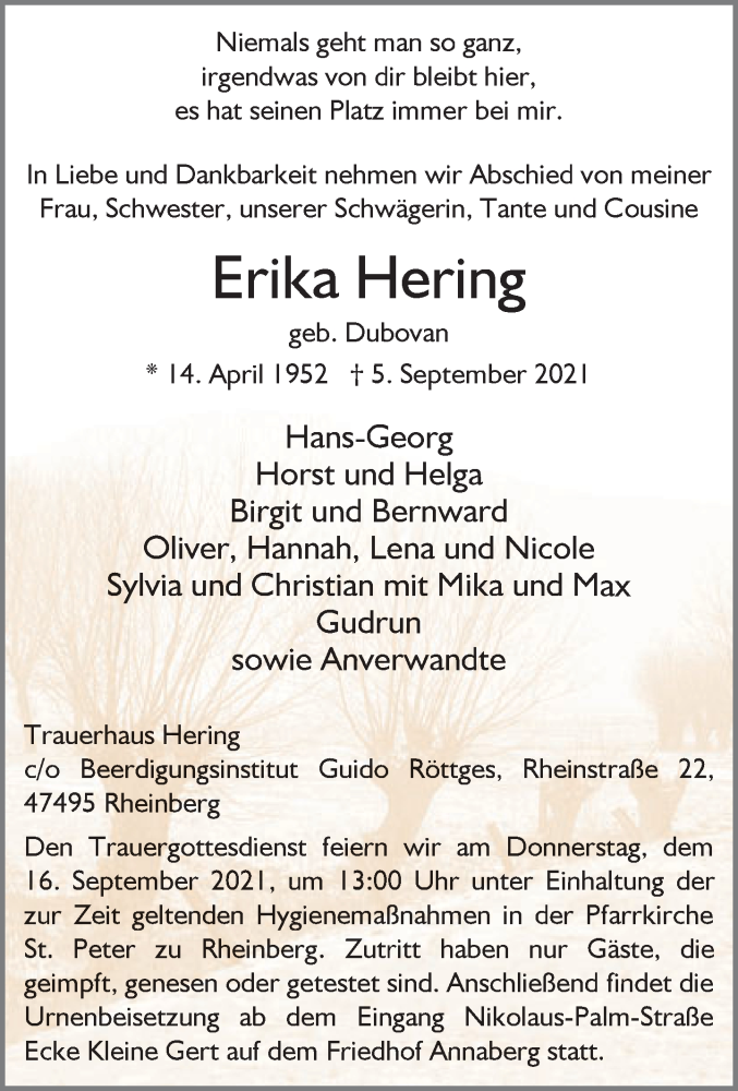  Traueranzeige für Erika Hering vom 11.09.2021 aus Rheinische Post