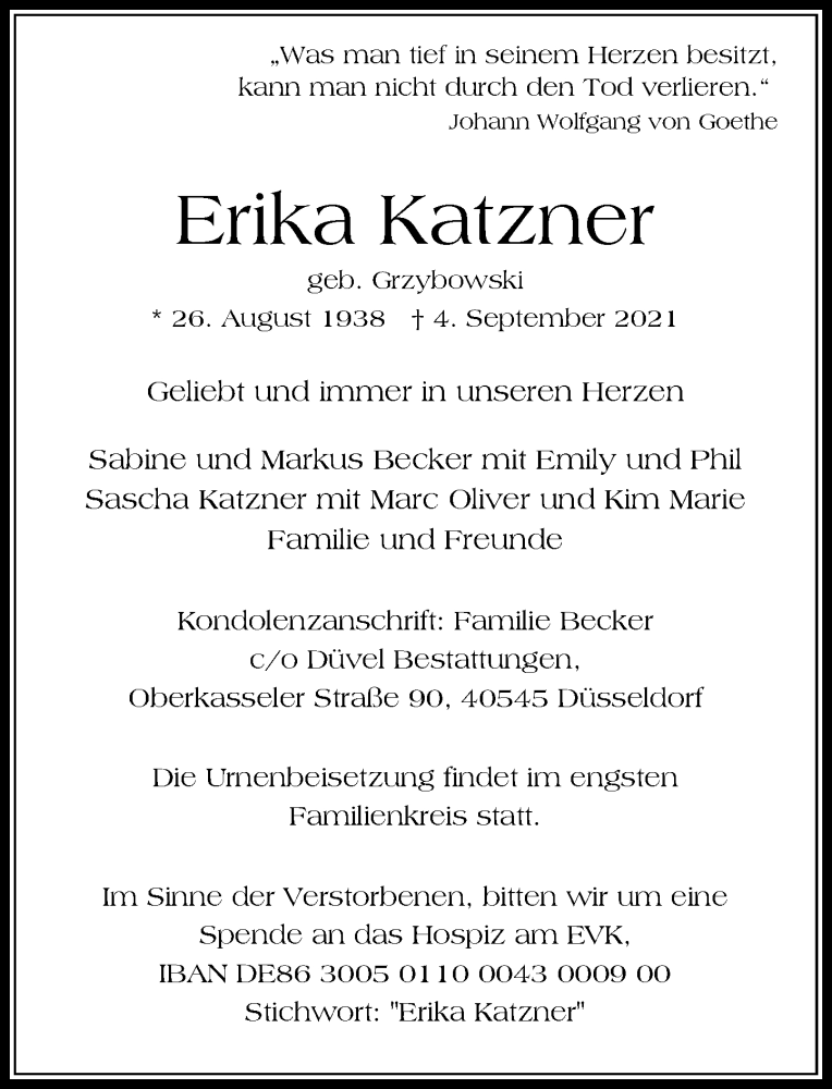  Traueranzeige für Erika Katzner vom 11.09.2021 aus Rheinische Post