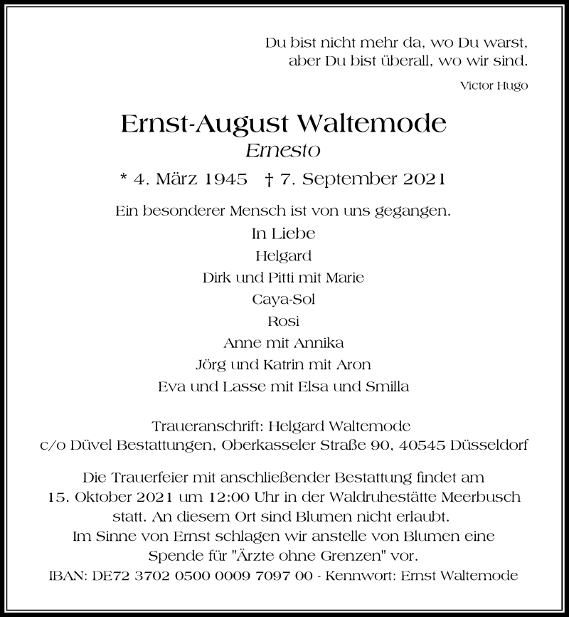  Traueranzeige für Ernst-August Waltemode vom 25.09.2021 aus Rheinische Post