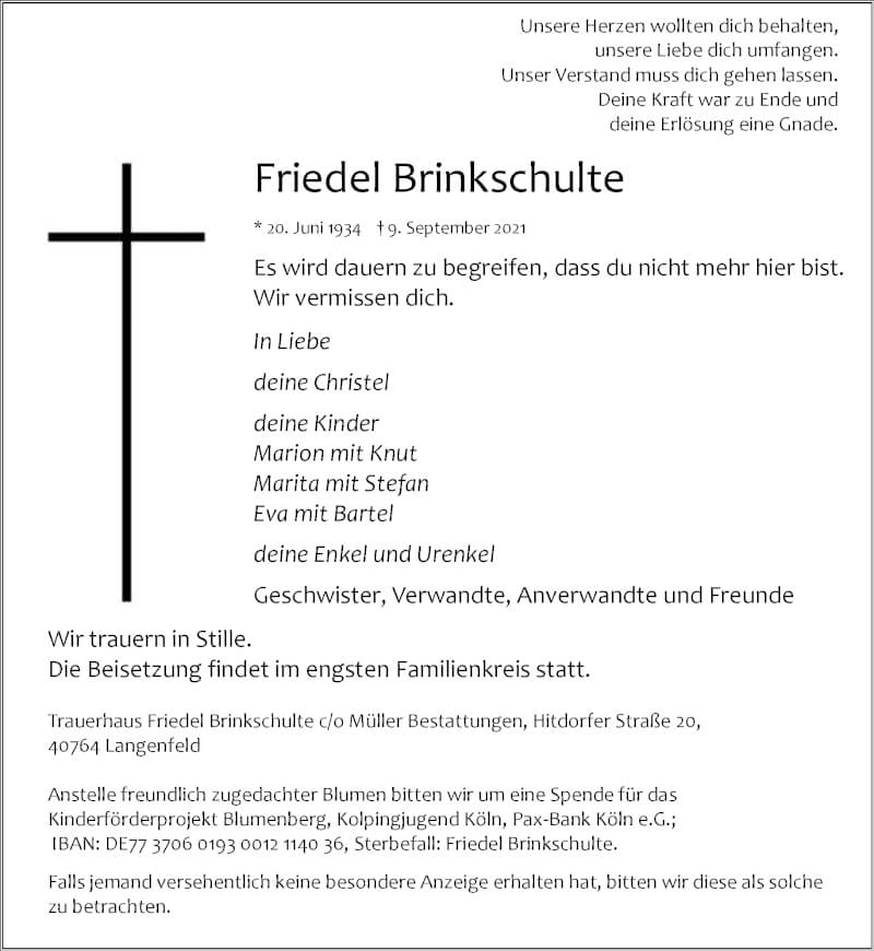  Traueranzeige für Friedel Brinkschulte vom 18.09.2021 aus Rheinische Post