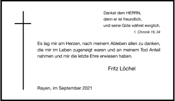Traueranzeige von Fritz Löchel von Rheinische Post