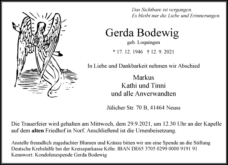  Traueranzeige für Gerda Bodewig vom 25.09.2021 aus Rheinische Post
