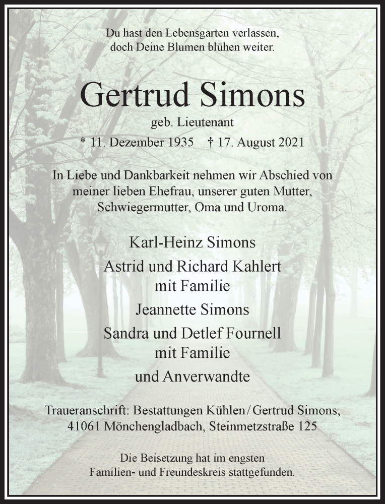  Traueranzeige für Gertrud Simons vom 15.09.2021 aus Rheinische Post