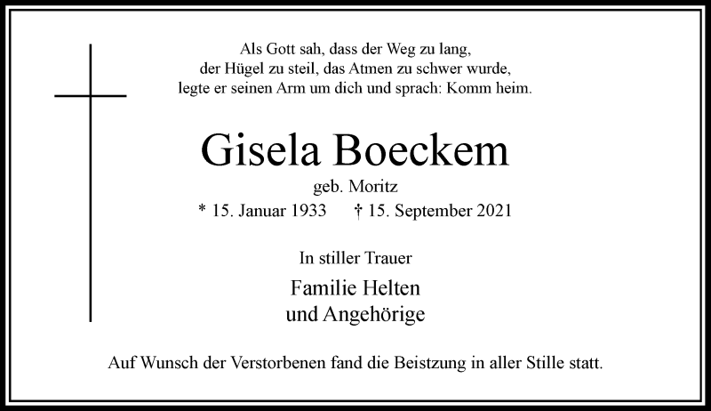  Traueranzeige für Gisela Boeckem vom 25.09.2021 aus Rheinische Post