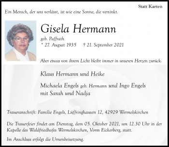Alle Traueranzeigen für Gisela Hermann | trauer.rp-online.de
