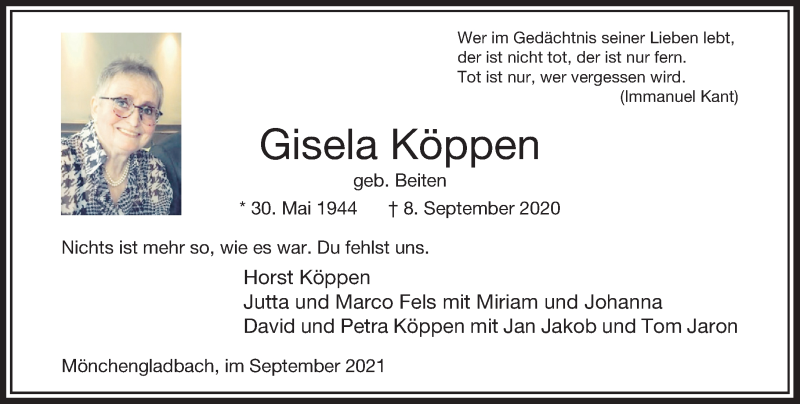  Traueranzeige für Gisela Köppen vom 11.09.2021 aus Rheinische Post